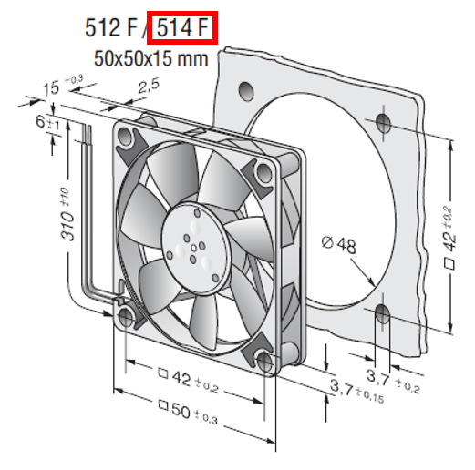 EBMPAPST 514 F 24 VDC Aksiyal Kompakt Fan Teknik Çizim ve Ölçüler Tablosu